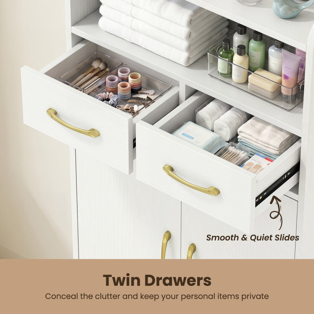 Twin drawers of the white bathroom storage cabinet feature smooth slides for easy access while concealing personal items.