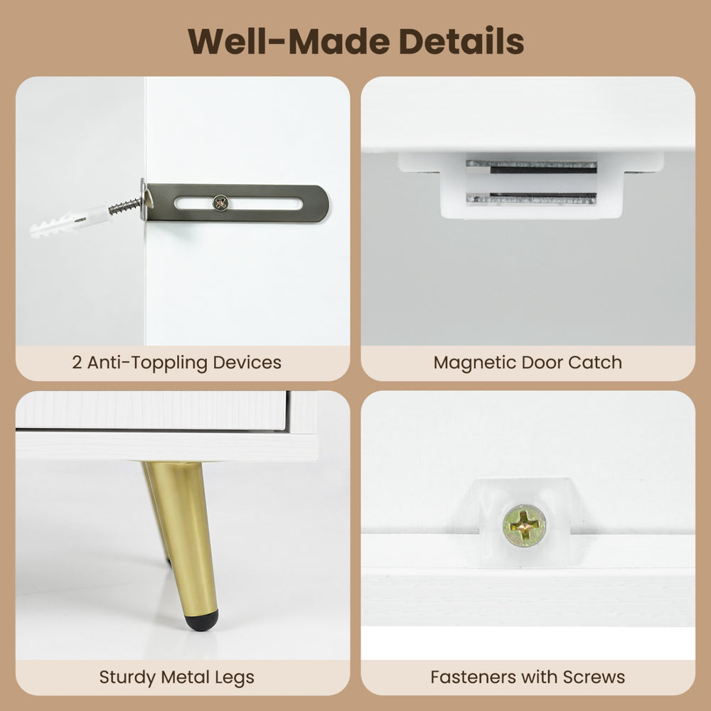 Well-made details of the freestanding white bathroom storage cabinet include sturdy metal legs and anti-toppling devices for safety.