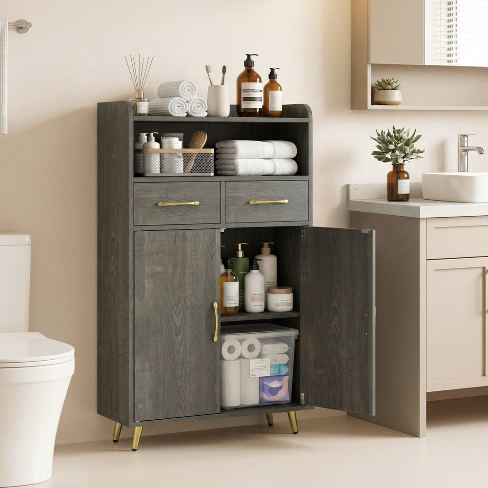 Bathroom Storage Cabinet Freestanding Floor Cabinet with 2 Drawers and 2 Doors-Gray Oak - Gallery View 1 of 10