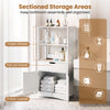 Bathroom storage cabinet featuring three open shelves, a pull-out drawer, and a two-door cabinet for organized essentials.