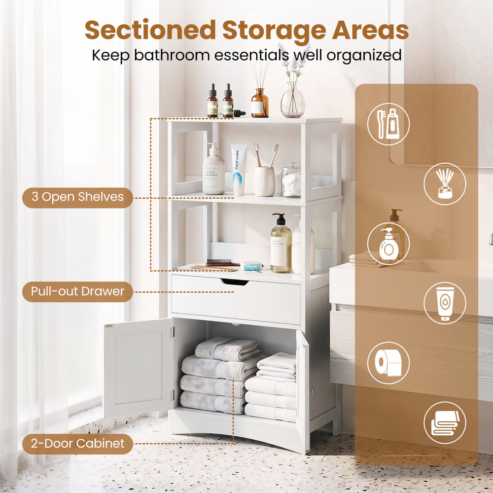 Bathroom storage cabinet featuring three open shelves, a pull-out drawer, and a two-door cabinet for organized essentials.