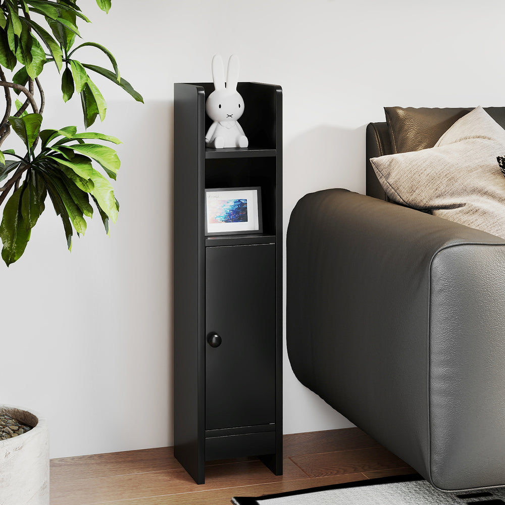 Slim black bathroom cabinet with adjustable shelves and door, ideal for organizing small spaces in modern homes.