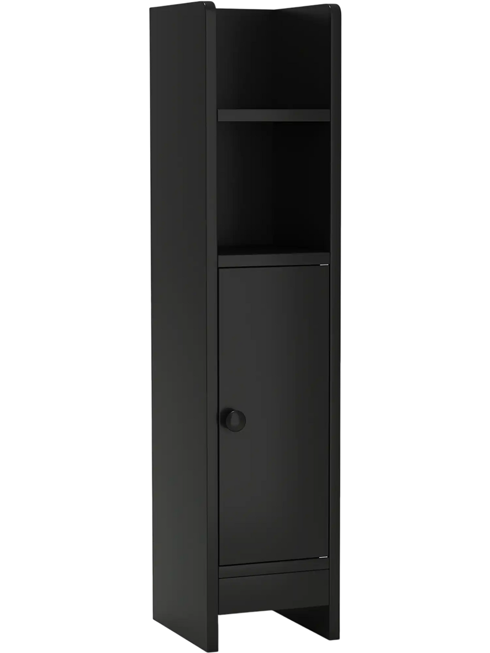 Slim black bathroom cabinet with adjustable shelves and a door, ideal for organizing small spaces in modern homes.