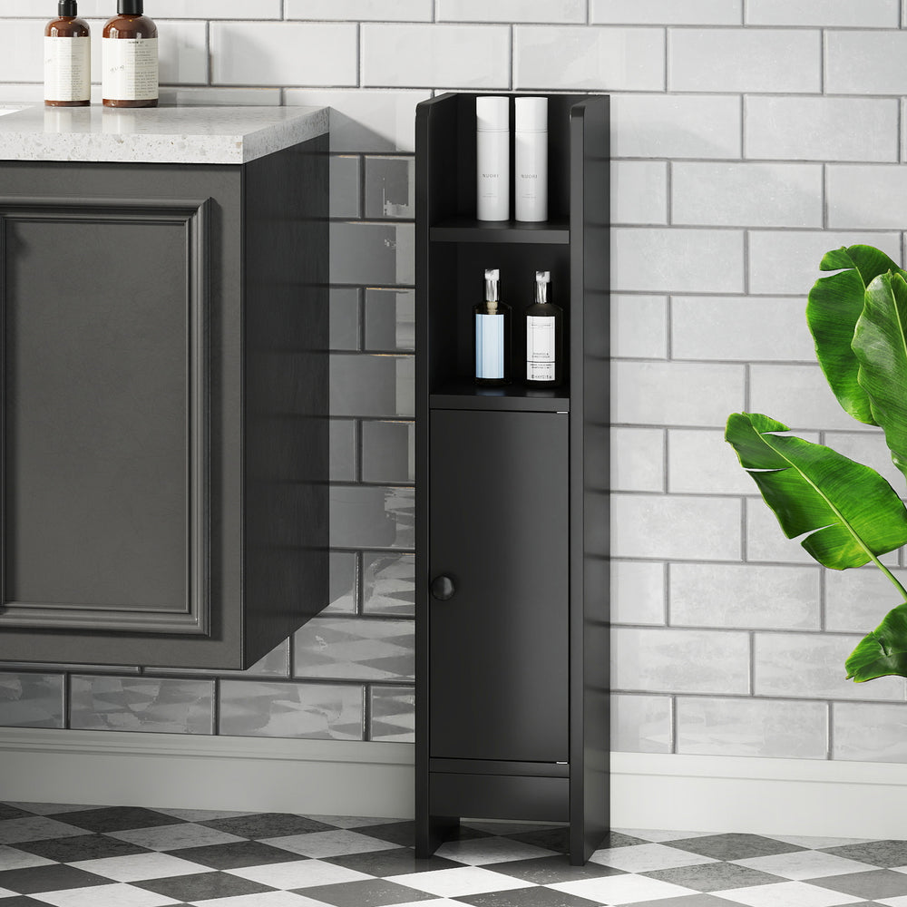 Slim black bathroom cabinet with adjustable shelves and door, perfect for organizing essentials in tight spaces.