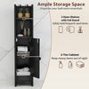 Slim black bathroom cabinet with adjustable shelves and a door, ideal for organizing essentials in small spaces.