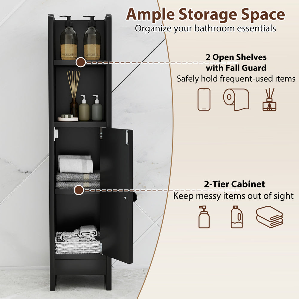 Slim black bathroom cabinet with adjustable shelves and a door, ideal for organizing essentials in small spaces.