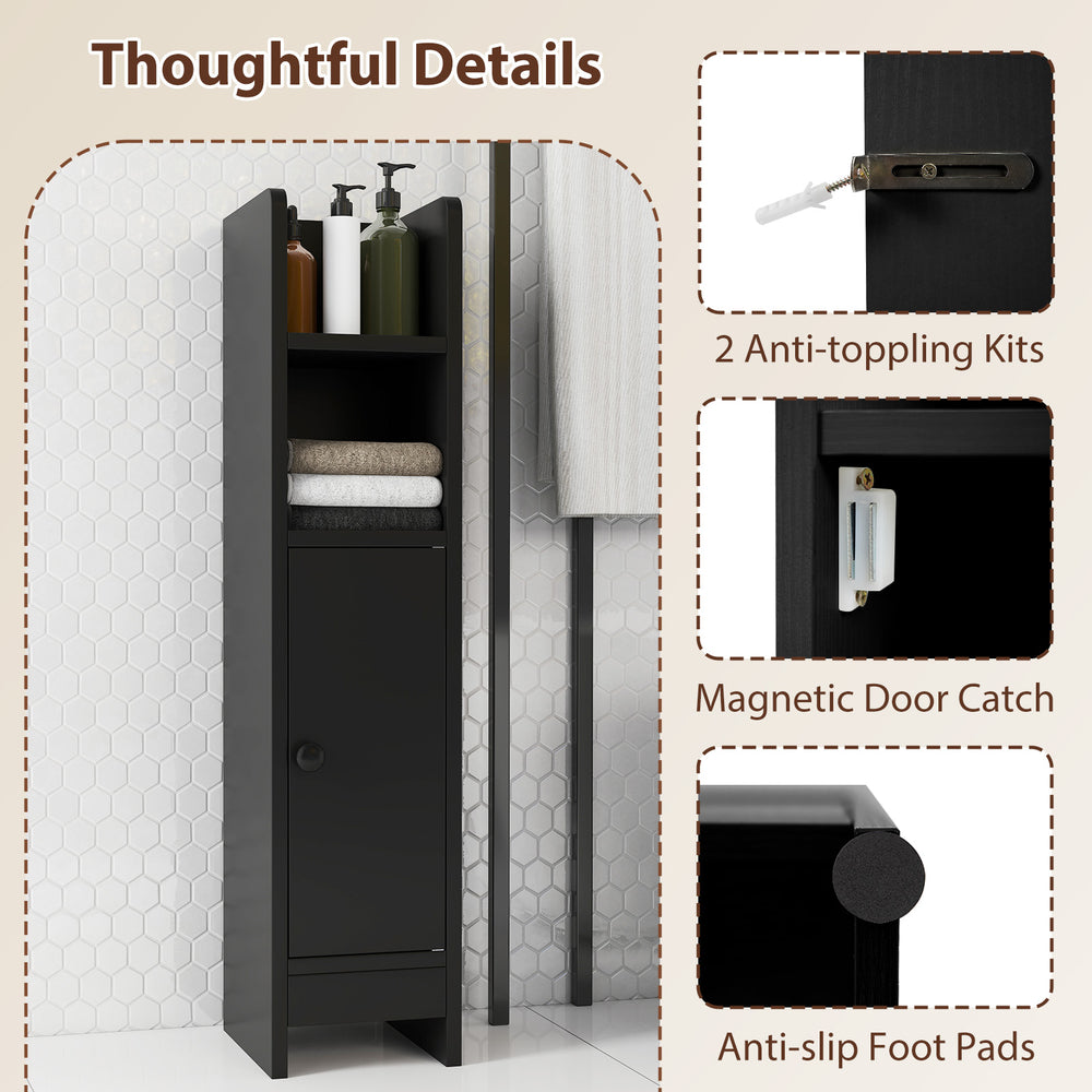 Slim black bathroom cabinet with adjustable shelves, magnetic door catch, and anti-slip foot pads for space-saving.
