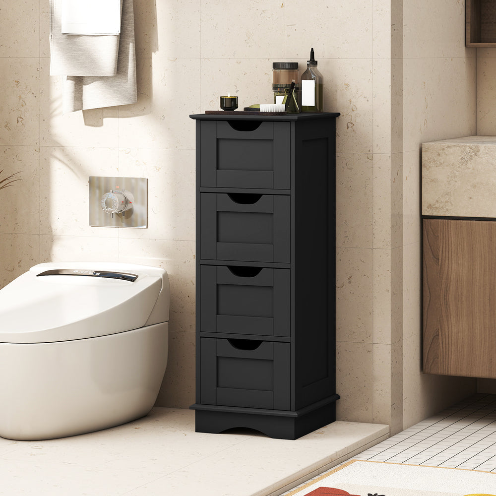 Black bathroom storage cabinet with 4 drawers and cutout handles, perfect for organizing towels and toiletries in small.