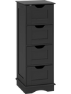 Black bathroom storage cabinet with 4 drawers and cutout handles, perfect for towels and toiletries in narrow spaces.