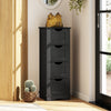 Black bathroom storage cabinet with a simple design, featuring 4 drawers and cutout handles, ideal for compact areas.