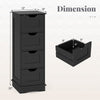 Black bathroom storage cabinet with 4 drawers, cutout handles, and dimensions for narrow spaces, ideal for towels and.