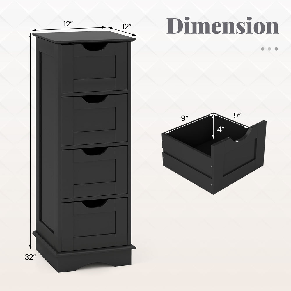 Black bathroom storage cabinet with 4 drawers, cutout handles, and dimensions for narrow spaces, ideal for towels and.
