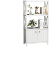 White bathroom storage cabinet with open shelves and double doors, featuring X-shaped bars for stability and style.