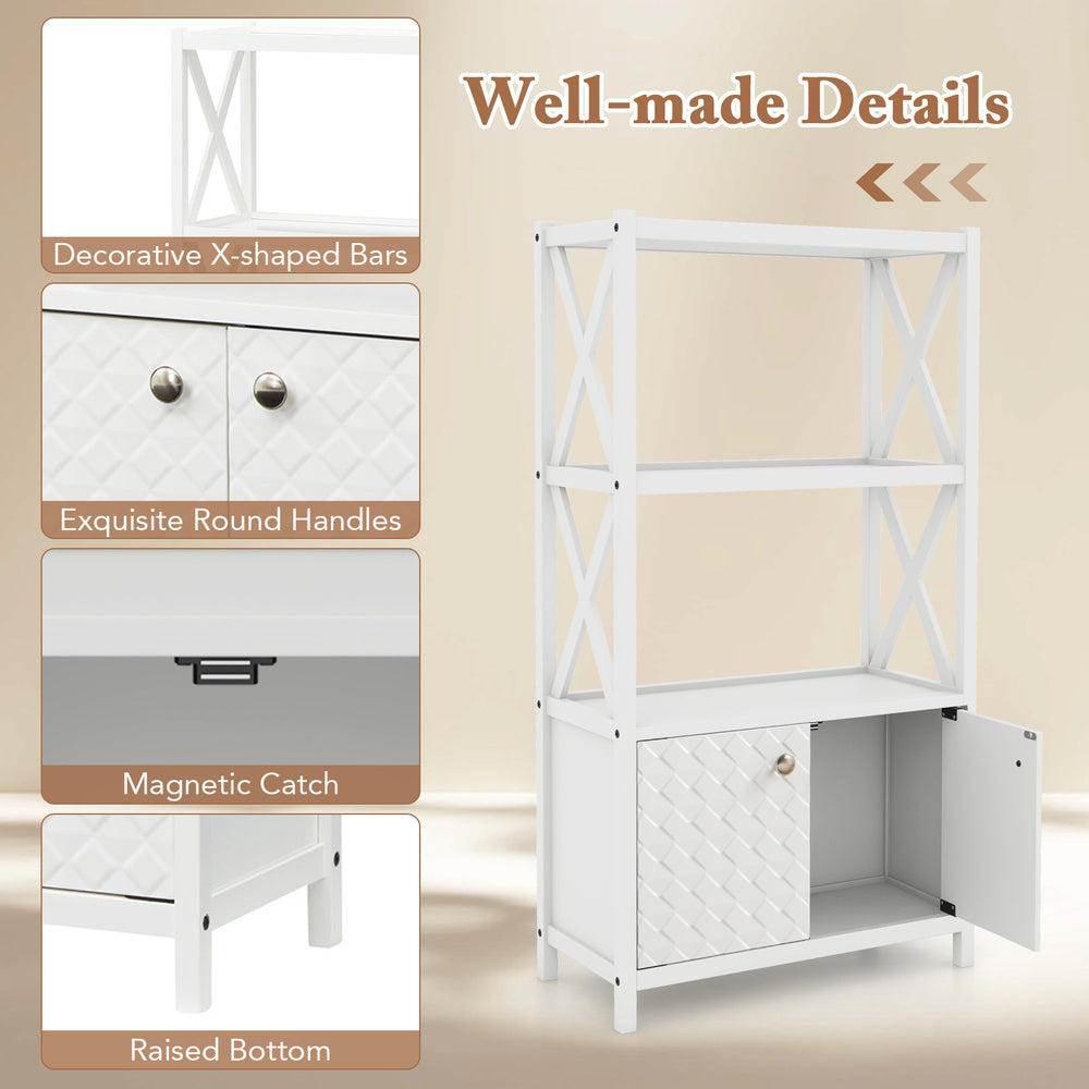 Bathroom storage cabinet in white with open shelves, double doors, and X-shaped bars for stability and style.