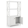 White bathroom storage cabinet with open shelves and double doors, featuring a solid rubber wood frame and X-shaped.