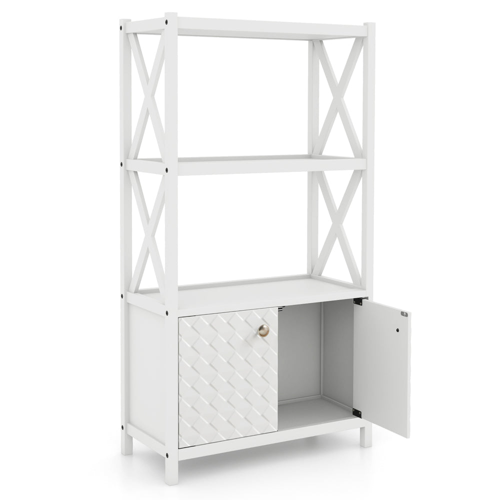 White bathroom storage cabinet with open shelves and double doors, featuring a solid rubber wood frame and X-shaped.
