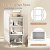 Bathroom storage cabinet in white with open shelves and double doors for versatile organization and elegant home decor.