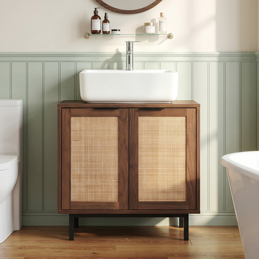 Bathroom Vanity Cabinet with U-Shaped Cut-Out 2 Rattan Doors and Shelf-Brown - Gallery View 1 of 10