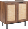 Freestanding bathroom storage cabinet with U-shaped cut-out, rattan doors, and sturdy metal legs in brown and natural.