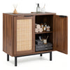 Freestanding bathroom storage cabinet with rattan doors, U-shaped cut-out, and metal legs for organized essentials.