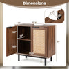 Under sink storage cabinet with rattan doors, metal legs, and U-shaped cut-out for bathroom organization. Dimensions.