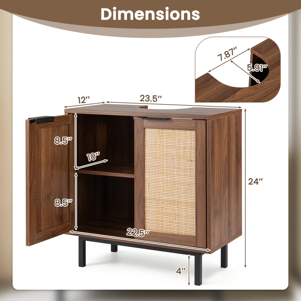 Under sink storage cabinet with rattan doors, metal legs, and U-shaped cut-out for bathroom organization. Dimensions.