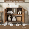 Under sink storage cabinet with rattan doors, U-shaped cut-out, and metal legs for organized bathroom essentials.