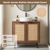 Under sink storage cabinet with elegant rattan doors, brown finish, and U-shaped cut-out for wall drainage sinks.