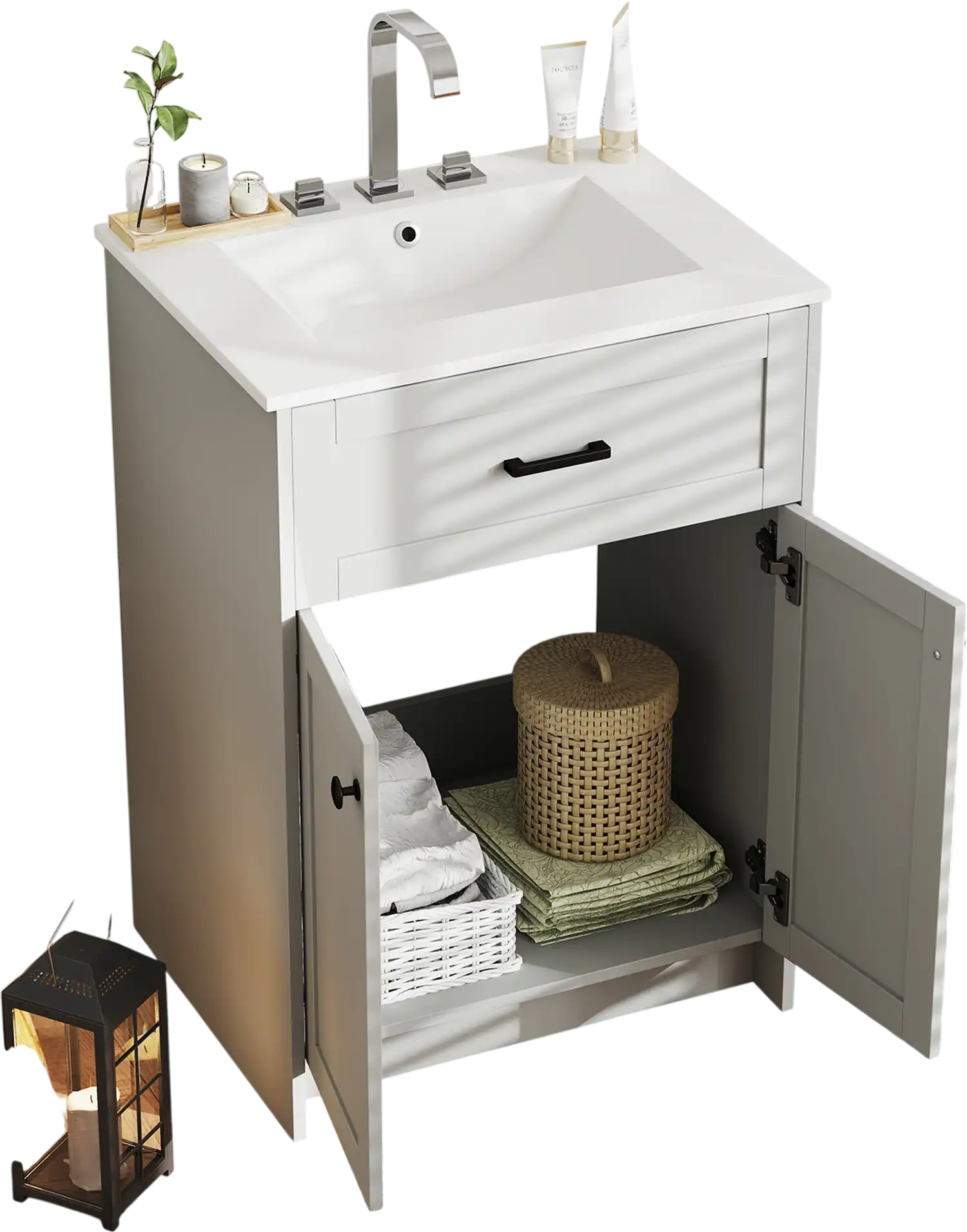 Costway Bathroom Vanity Unit Basin 2-Door Gray 643892571 New