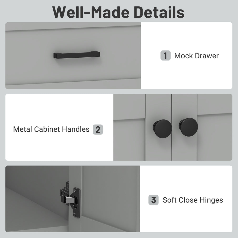 Close-up of the bathroom vanity unit's metal cabinet handles and soft close hinges, showcasing quality craftsmanship in.