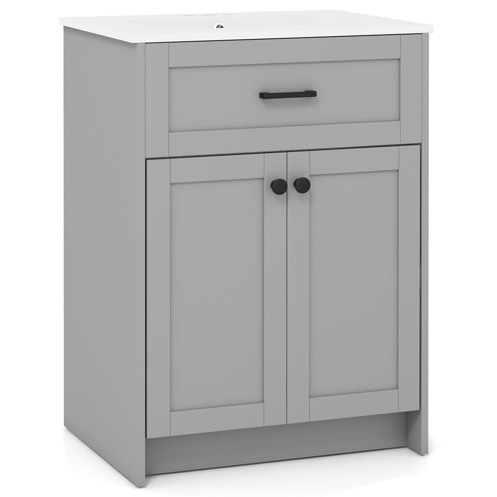 Gray bathroom vanity unit with basin, featuring two doors, large storage, and sleek handles for elegant decor.
