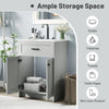 Bathroom vanity unit in gray with a ceramic basin, featuring ample storage space and soft close doors for easy access.
