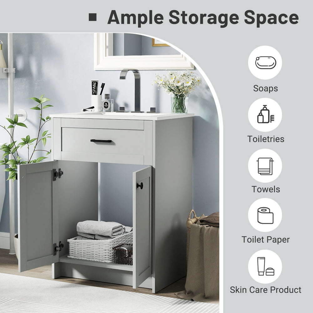 Bathroom vanity unit in gray with a ceramic basin, featuring ample storage space and soft close doors for easy access.
