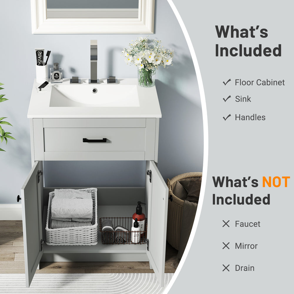Bathroom vanity unit in gray with a ceramic basin, featuring two doors and sleek handles for elegant storage.