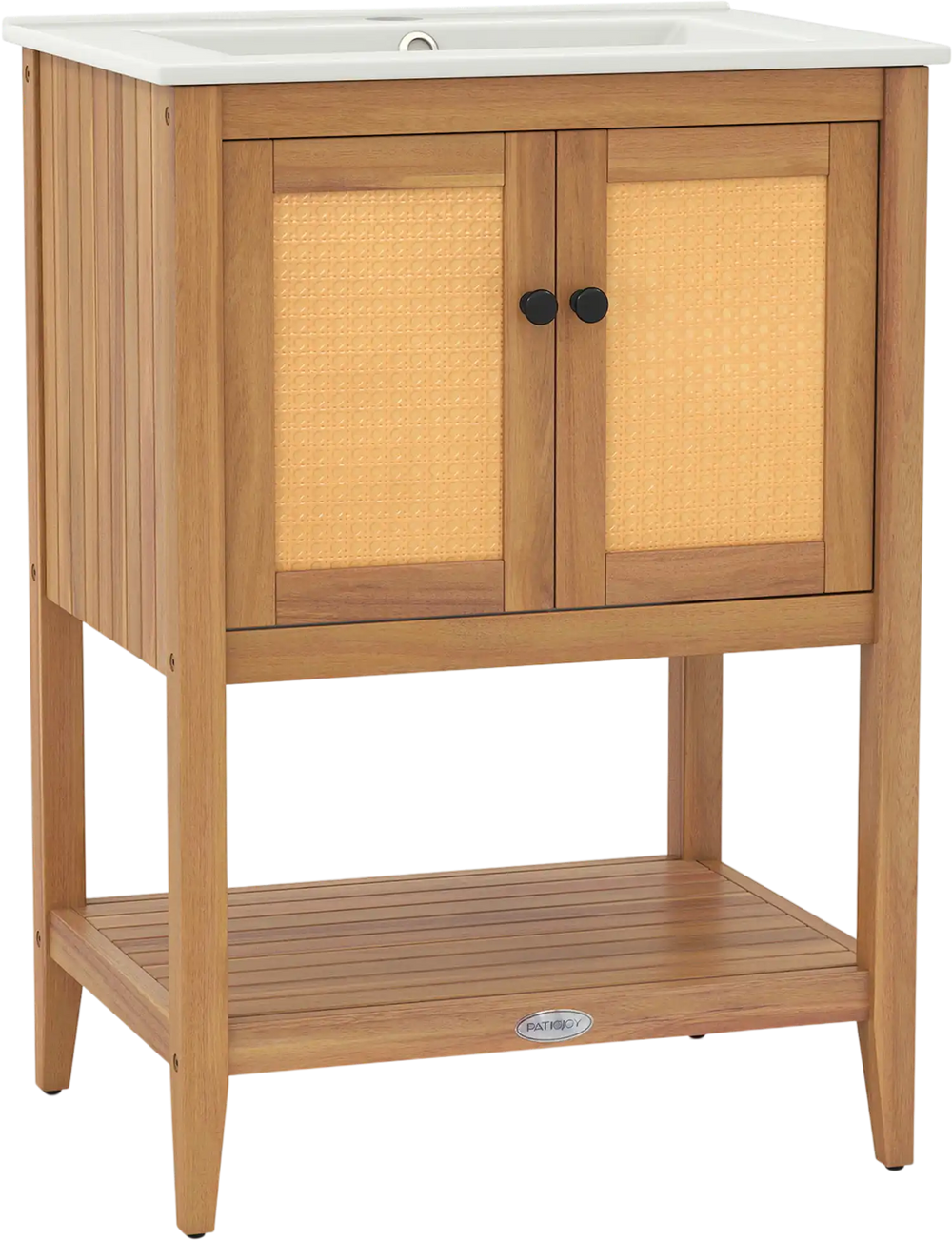 Bathroom Vanity with Ceramic Sink 2 Rattan Doors and Slatted Shelf