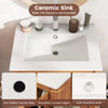 Ceramic sink with anti-overflow hole and rounded edges on a bathroom vanity featuring rattan doors and slatted shelf.