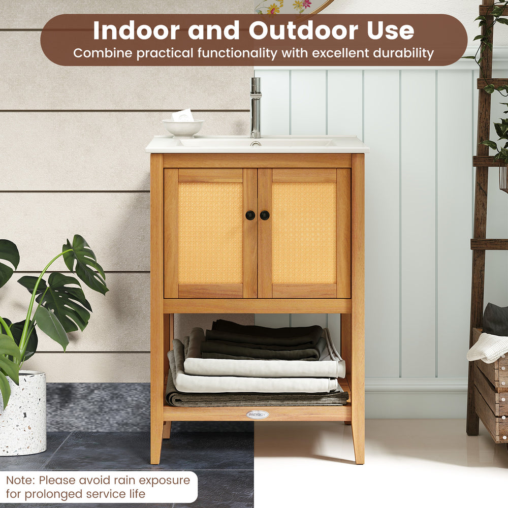 Bathroom vanity with ceramic sink, acacia wood, and rattan doors, ideal for indoor and outdoor use with ample storage.
