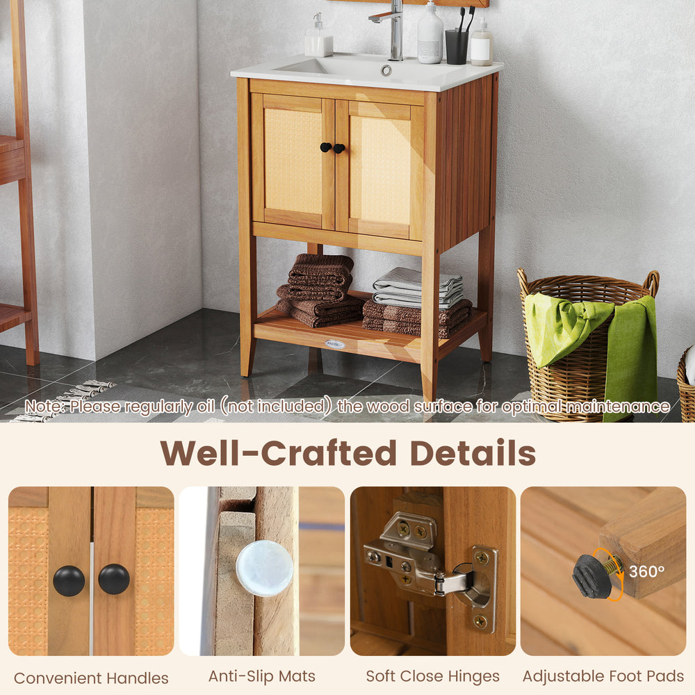Bathroom vanity with ceramic sink, featuring 2 rattan doors, slatted shelf, and crafted from durable acacia wood.