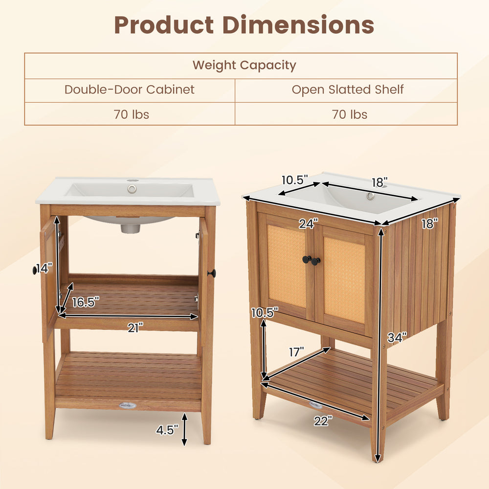 Bathroom vanity with ceramic sink, double-door cabinet, and slatted shelf, crafted from acacia wood for durability.