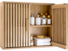 Bathroom wall cabinet with slatted doors, adjustable shelves, and a natural finish for versatile storage solutions.