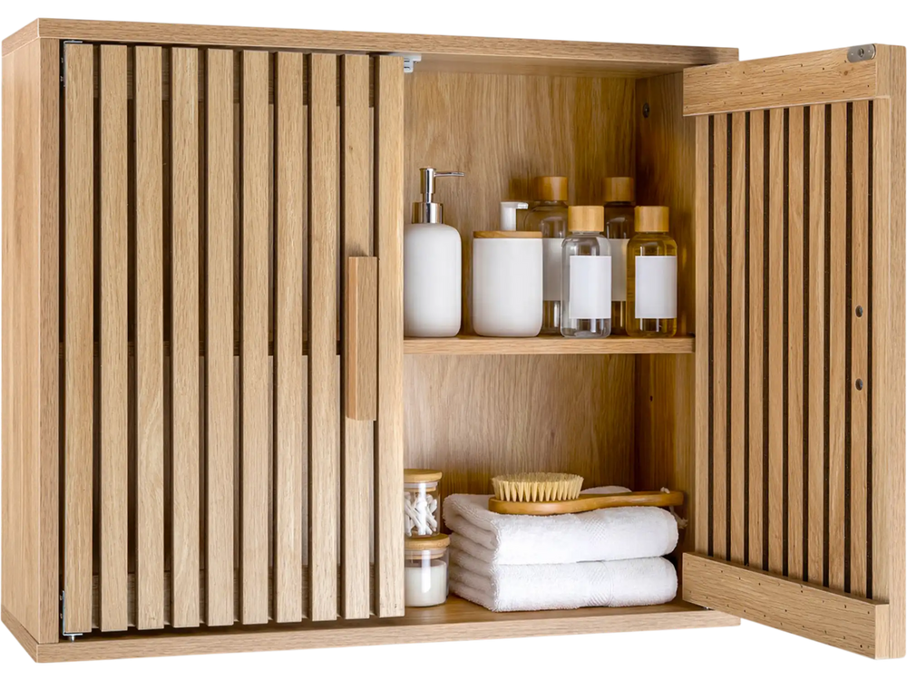 Bathroom wall cabinet with slatted doors, adjustable shelves, and a natural finish for versatile storage solutions.