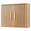 Bathroom wall cabinet with slatted doors, natural wood finish, and adjustable shelves for versatile storage solutions.