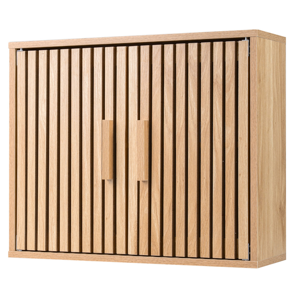 Bathroom wall cabinet with slatted doors, natural wood finish, and adjustable shelves for versatile storage solutions.