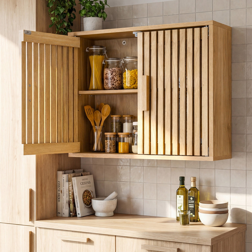 Natural wood wall cabinet with slatted doors, adjustable shelves, and neat pull handles for versatile storage in any.