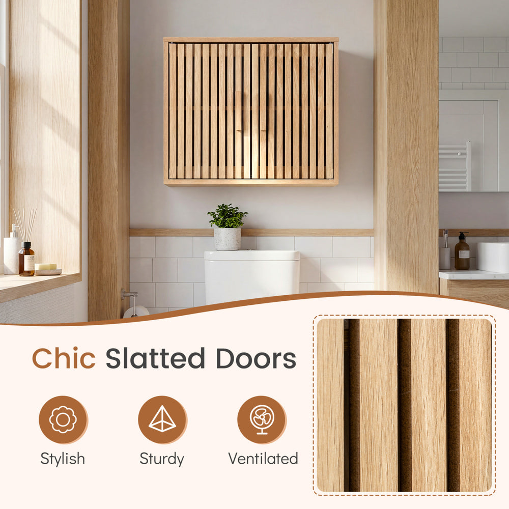 Bathroom wall cabinet with natural slatted doors, featuring adjustable shelves for versatile storage and ventilation.