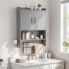Wall-mounted grey bathroom cabinet with towel bars, featuring two doors and open shelves for storage and display.