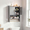 Wall-mounted grey bathroom cabinet with towel bars, featuring open shelves and closed storage for toiletries.
