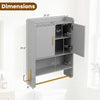 Bathroom wall cabinet in grey with dimensions, featuring multiple shelves and towel bars for efficient storage.