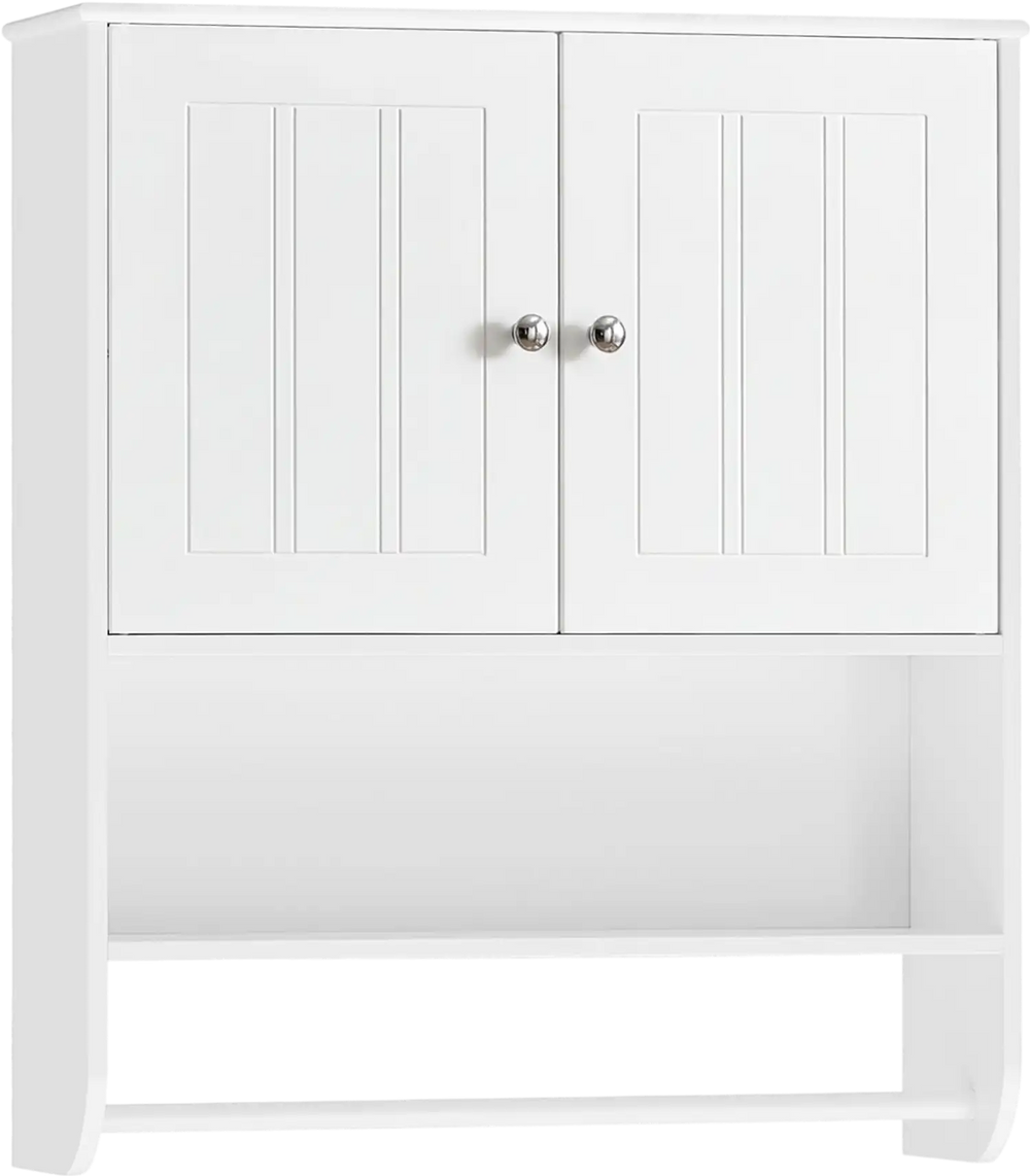 White bathroom wall cabinet with towel bar, open shelf, and adjustable shelf for versatile storage solutions.