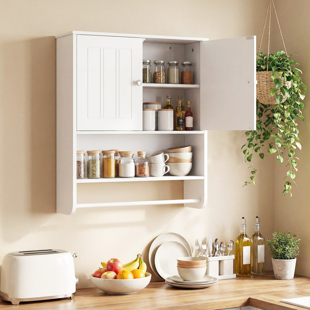White bathroom wall cabinet with adjustable shelf, open storage, and towel bar, perfect for organizing toiletries and.